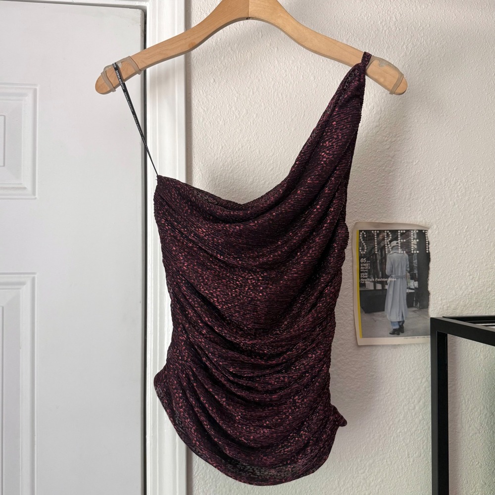 NWT SABINA MUSAYEV purple pink glitter sparkly one shoulder ruched cropped top